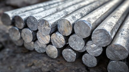 A stack of silver metal rods on a rocky surface.