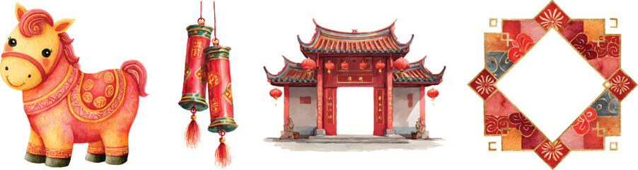 Watercolor Chinese New Year 2026 elements set, horse, hanging firecracker, temple gate, and frame border isolated on transparent background
