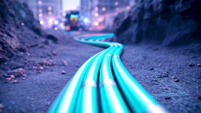 Glowing fiber optic cables laid through underground trench illustrating high speed data transmission, network infrastructure, and modern connectivity