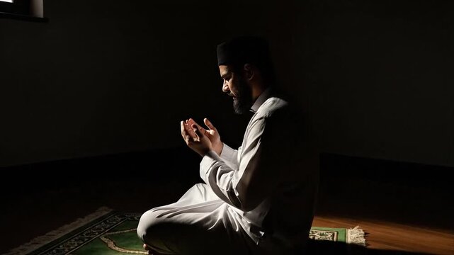 Man kneeling in prayer indoors with focused expression