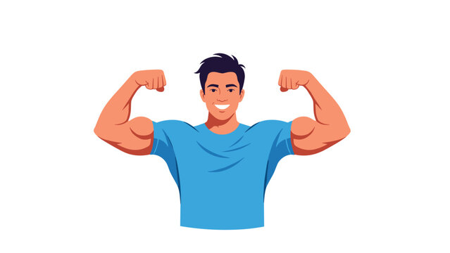 Strong and healthy young man smiling confidently while flexing his biceps, showing off his muscles and physical fitness.