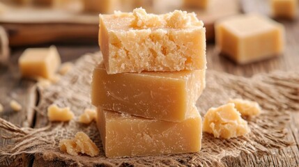 Three cubes of Parmesan cheese on a rustic wooden surface with a burlap cloth and scattered cheese pieces.