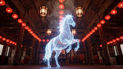 Wireframe horse hologram rearing in ornate traditional Chinese temple with red lanterns.