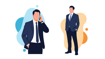 Set of two faceless businessman characters in formal suits, one talking on the phone and one standing confidently.