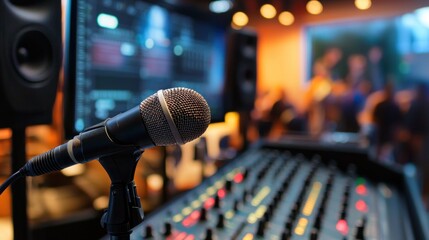 Microphone in a recording studio with a blurred background of people.