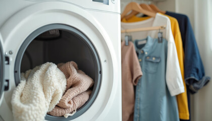 Dryer machine with clothes inside, on hangers. Home related appliance. Laundry service work. Household equipment for textile. Routine domestic activity. Modern clean tech for washing, drying. Comfort