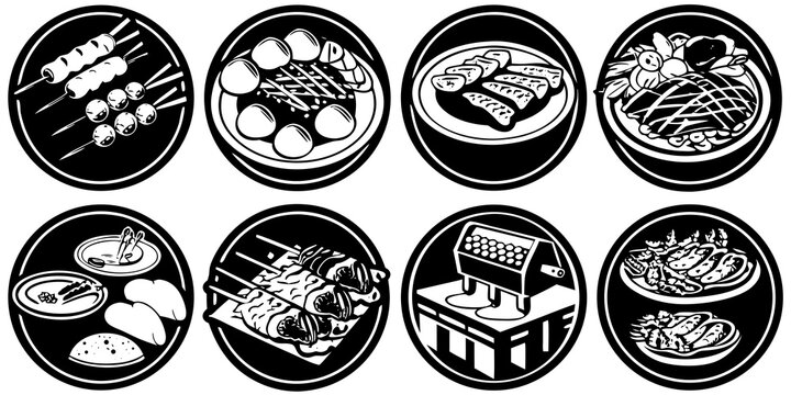 Monochrome Indonesian iconic food icons set including satai, meatball, seafood, and more, perfect for web design