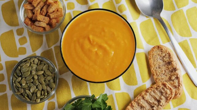 Cream of roasted pumpkin soup with bread, seed pumpkin, herbs, rusks, ready lunch on the table. High quality 4k footage