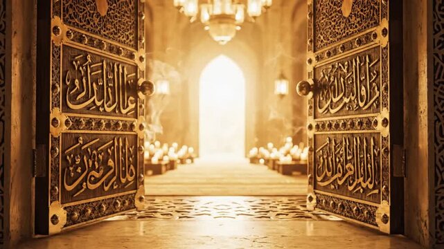 Open ornate doors reveal a bright interior with repetitive glowing elements