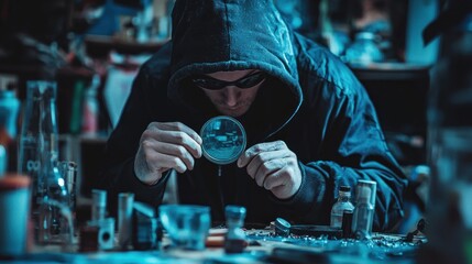 A man in a dark hoodie and sunglasses, working in a cluttered workshop with various tools and equipment.
