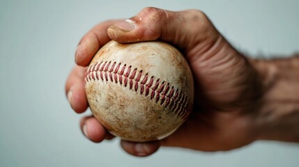 A hand holding a baseball against a white background.