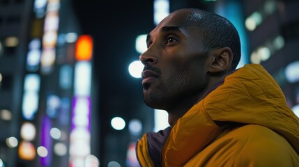 A man in a yellow jacket stands in front of a city skyline at night.