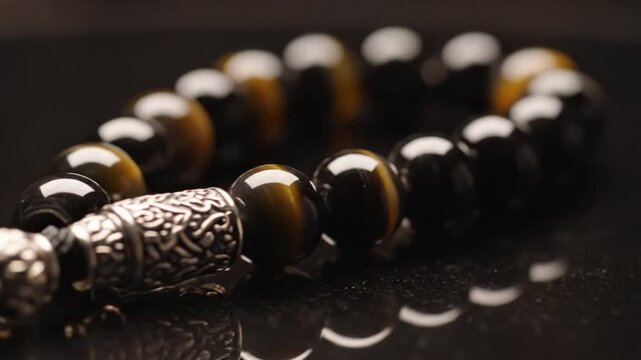 Closeup glossy bead bracelet featuring gold  black beads a silver clasp and black tassels resting on a dark surface