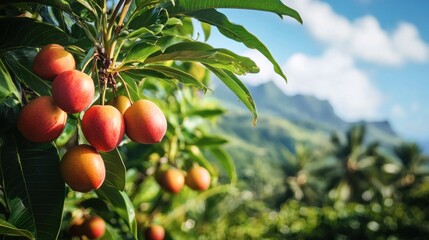 Nectarines growing on a tree with mountains in the background.