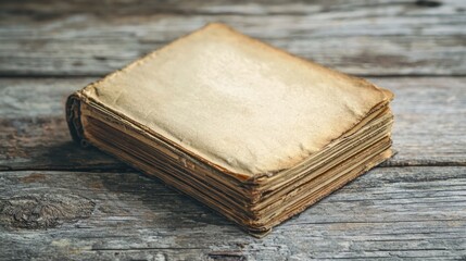 An old, worn-out book with yellowed pages on a wooden table.