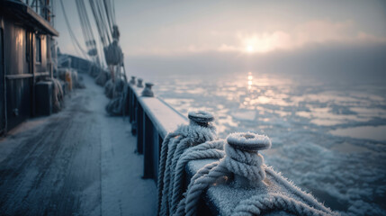 frozen ship deck with frost-covered ropes and fittings sails through icy waters at sunrise, capturing the harsh beauty and isolation of a polar expedition