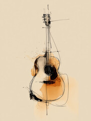 loosely drawn acoustic guitar rendered in expressive black ink lines and warm watercolor splashes, blending music and art in a minimalist, creative composition