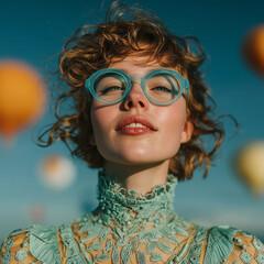 Young woman wearing round blue glasses looking upward against sky background, fashion portrait, summer mood and freedom