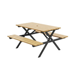 Wooden picnic table with slatted benches and metal frame isolated on a transparent background outdoor