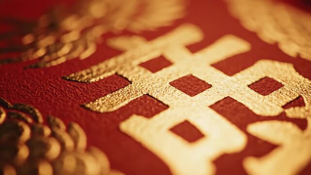 Radiant golden double happiness symbol exquisitely detailed on a rich red backdrop, embodying the continuous flow of love and prosperity in traditional Chinese celebrations and weddings