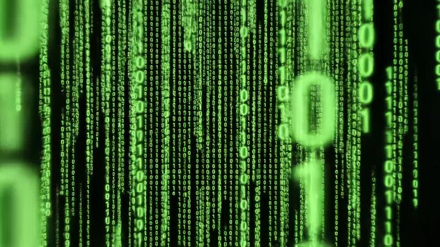 Green binary code falling on black background