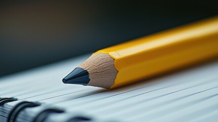 A yellow pencil lying on a lined notebook.