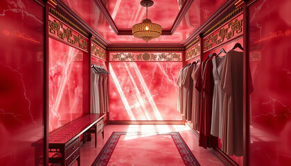 Luxury hotel interior featuring a red carpet and curtains with antique furniture and elegant window light in a grand palace hall decoration