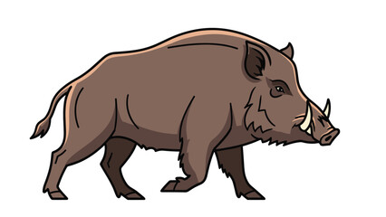 Obraz premium Illustration of a wild boar with large tusks walking, depicted in a simple cartoon style on a plain white background.