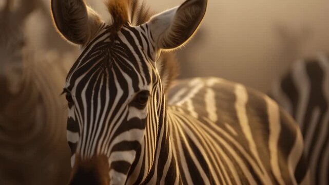 A group of zebras walks steadily, highlighted by warm golden light at dawn. The animals' stripes stand out in the soft light. They graze and interact, showing their natural behavior