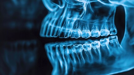 X-ray of a human jaw with visible teeth and jawbone.