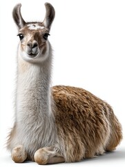 Obraz premium A brown and white llama is laying down on a white background