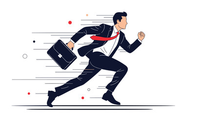 Businessman in a suit running fast with a briefcase, conveying concepts of speed, urgency, and chasing success or deadlines.