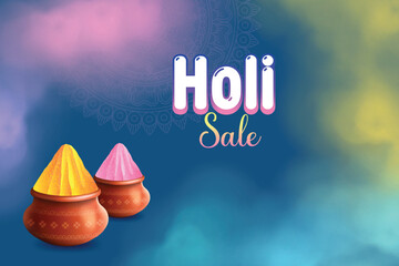 Colorful Happy Holi On Blue Background. Festival of Colors Celebration Vector Illustration. Indian Hindu Festival Concept For E-commerce Sale, Greetings, Poster, Banner.