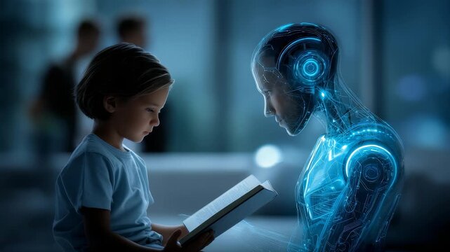 A young child reads a book to a futuristic humanoid robot in a softly lit room, symbolizing the connection between artificial intelligence and human learning. The scene evokes curiosity and wonder