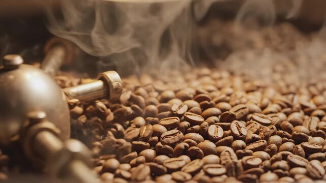 Roasted coffee beans in a batch roaster