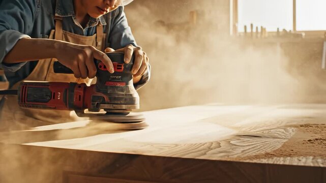 Person using power sander on wood