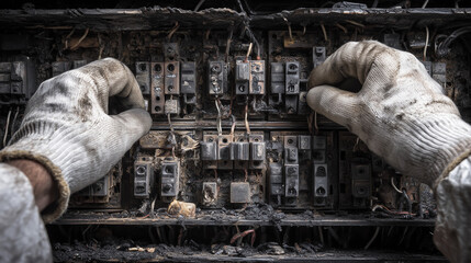 Fire safety inspection scene showing a damaged electrical panel after fire, gloved hands inspecting charred components
