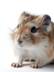 Fototapeta premium A small brown and white hamster with black eyes is staring at the camera