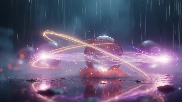 Vibrant Energy Sphere in Rainy Atmosphere with Light Trails and Reflections