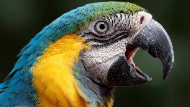 A lively parrot with bright feathers opens its beak while perched on a branch. The footage shows its colorful plumage and expressive features in a natural setting