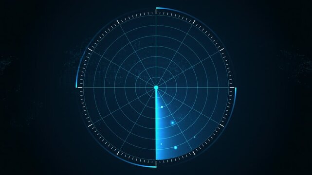 Futuristic digital radar interface data detection and monitoring technology. Blue scanning beam over grid display represents cybersecurity, surveillance systems, advanced digital tracking concepts.