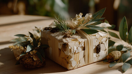 Sustainable gift wrapping scene with paper scraps and natural decorations, creative reuse expressing environmental awareness and thoughtful preparation. cinematic color correction, natural uneven