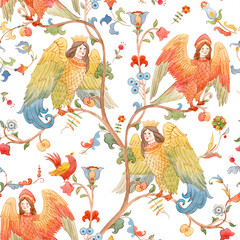 Naklejka premium Whimsical Slavic mythology seamless pattern featuring the Alkonost, a legendary bird with a human face from Russian folklore. Vintage fairytale illustration with ornate branches and floral motifs