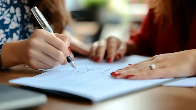 Two people signing important documents at a table in a bright and inviting office environment