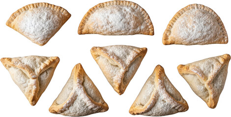 Assortment of freshly baked sweet pastries generously dusted with powdered sugar arranged symmetrically with half moon and triangular shapes pastry dusting transparent background