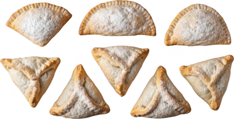 Assortment of freshly baked sweet pastries generously dusted with powdered sugar arranged symmetrically with half moon and triangular shapes pastry dusting transparent background