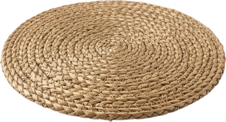 Round woven natural fiber placemat with a textured spiral pattern showcasing earthy beige and tan tones straw rush wicker circular organic brown rustic transparent background