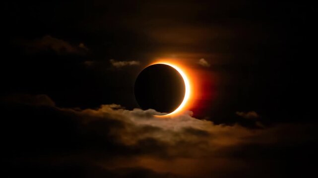 Stunning Annular Solar Eclipse with Fiery Ring of Light and Dramatic Clouds.