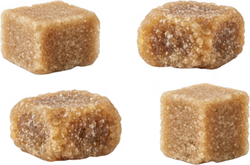 Four rough cube shaped pieces of raw sugar or brown sugar showing crystalline texture and earthy brown hues cubes sweetener sweet baking ingredient food transparent background