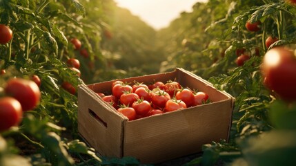 Fototapeta premium Freshly harvested tomatoes in wooden crate amidst lush green foliage at sunrise.